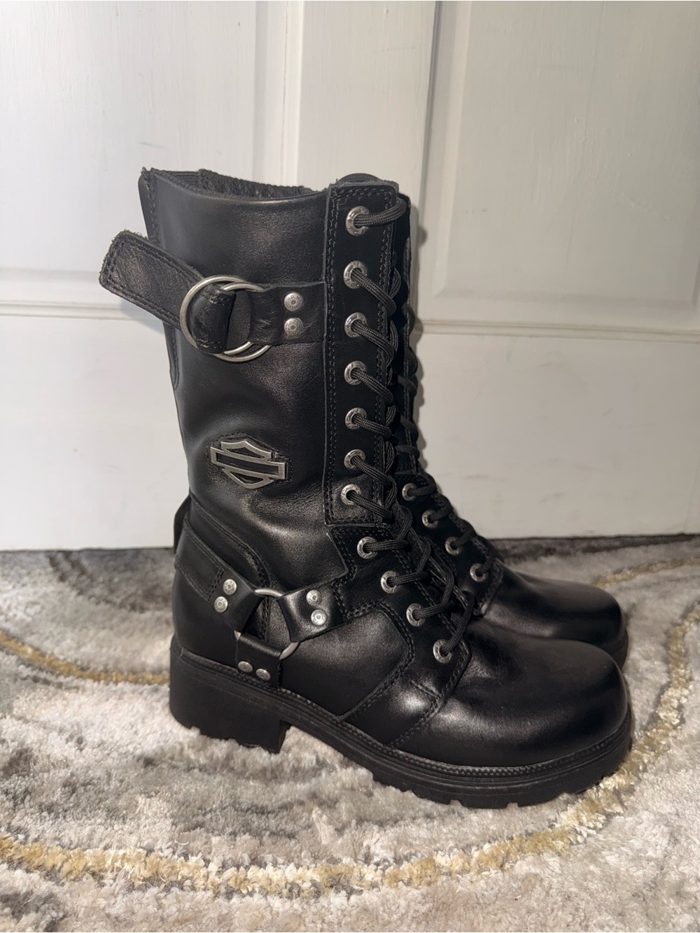 Harley-Davidson Black Leather Lace-Up Moto Boots with Buckle